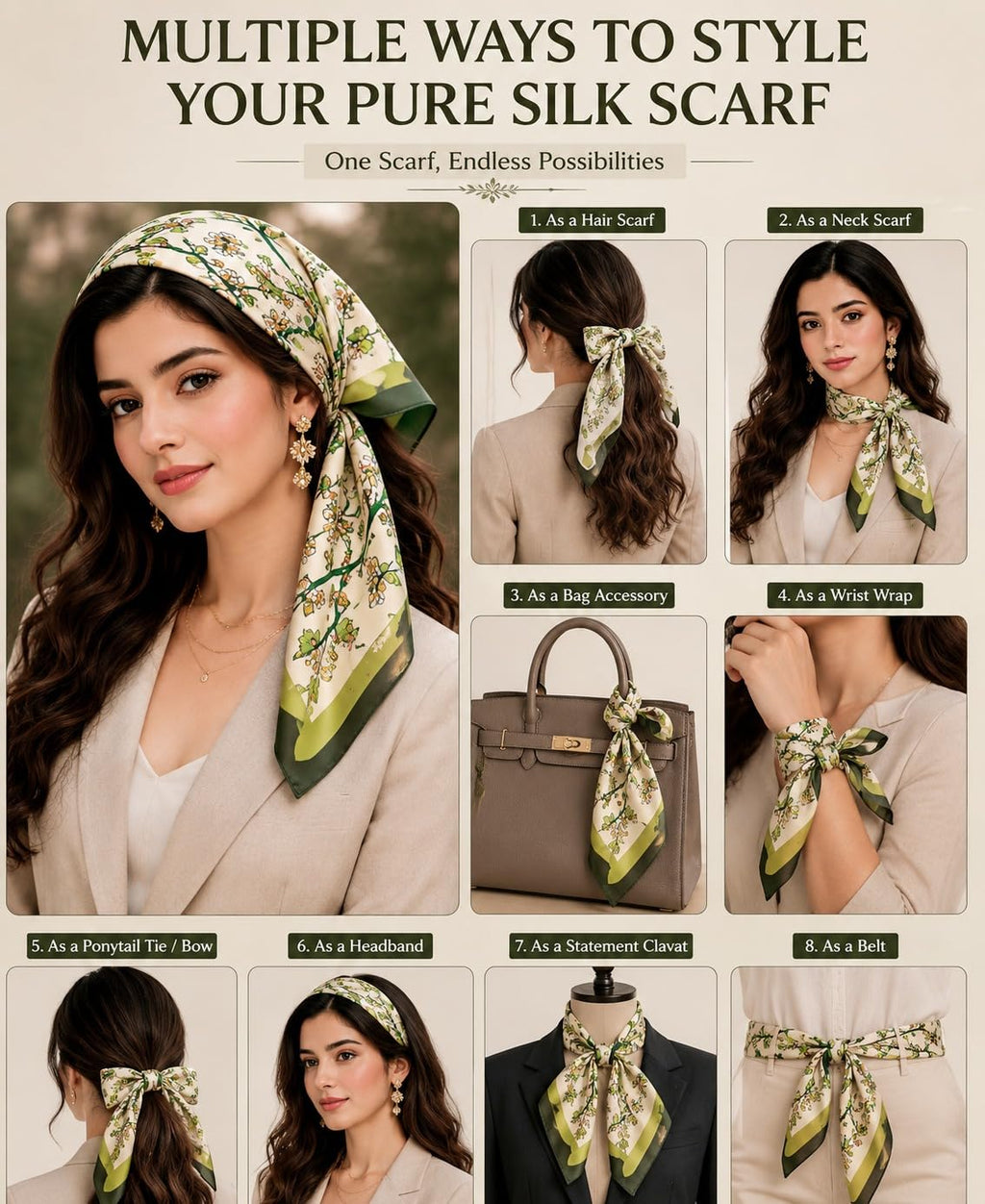 Etietnic Satin Square Head Scarf for Women,GREEN FLOWER Printed