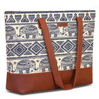 The Purple Tree Women Handcrafted Tote with Vegan Leather Handles, Elephant Print Shoulder Bag for Office and College, Oversized Contemporary White