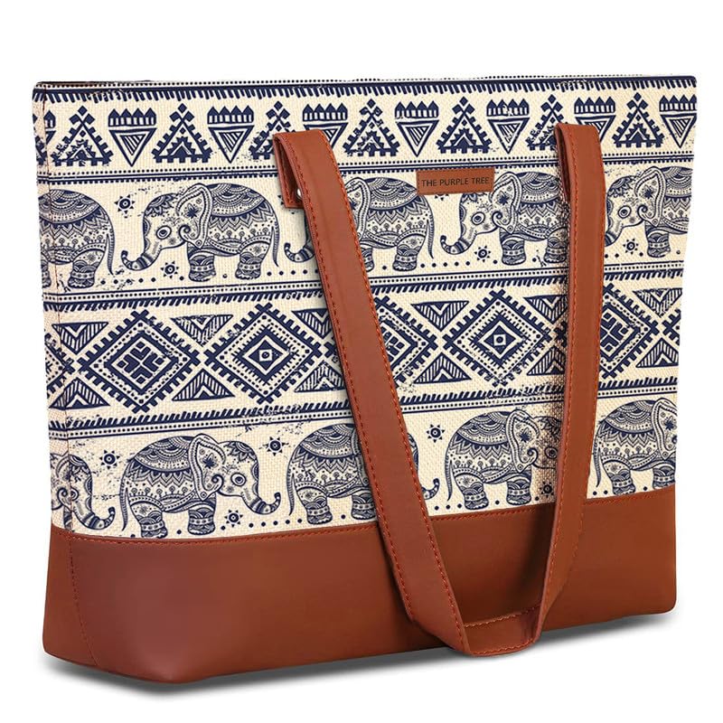 The Purple Tree Women Handcrafted Tote with Vegan Leather Handles, Elephant Print Shoulder Bag for Office and College, Oversized Contemporary White