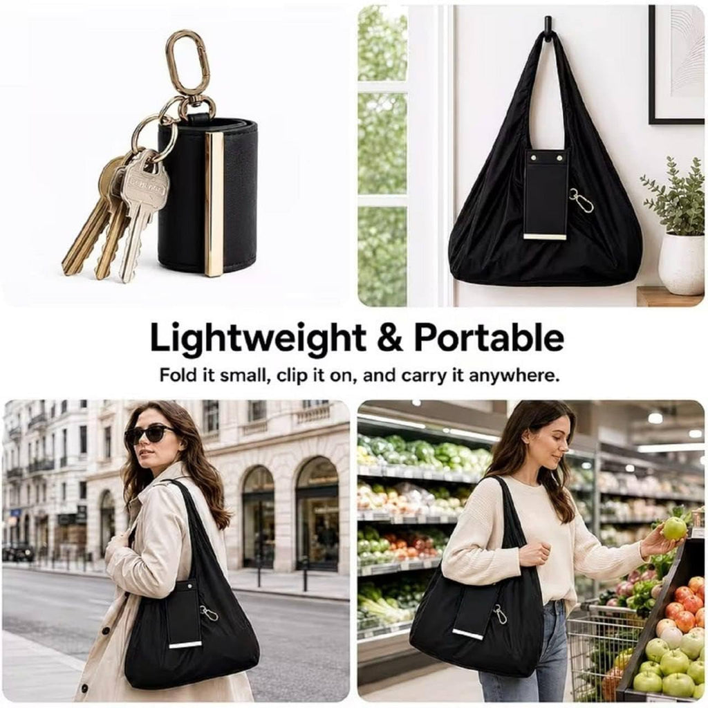 Denfy Foldable Tote Bag | Women Lightweight, Compact & Durable Handbag | Eco-Friendly Convertible Travel Tote with Detachable Golden Metal Keychain Loop & Vegan Leather Cover