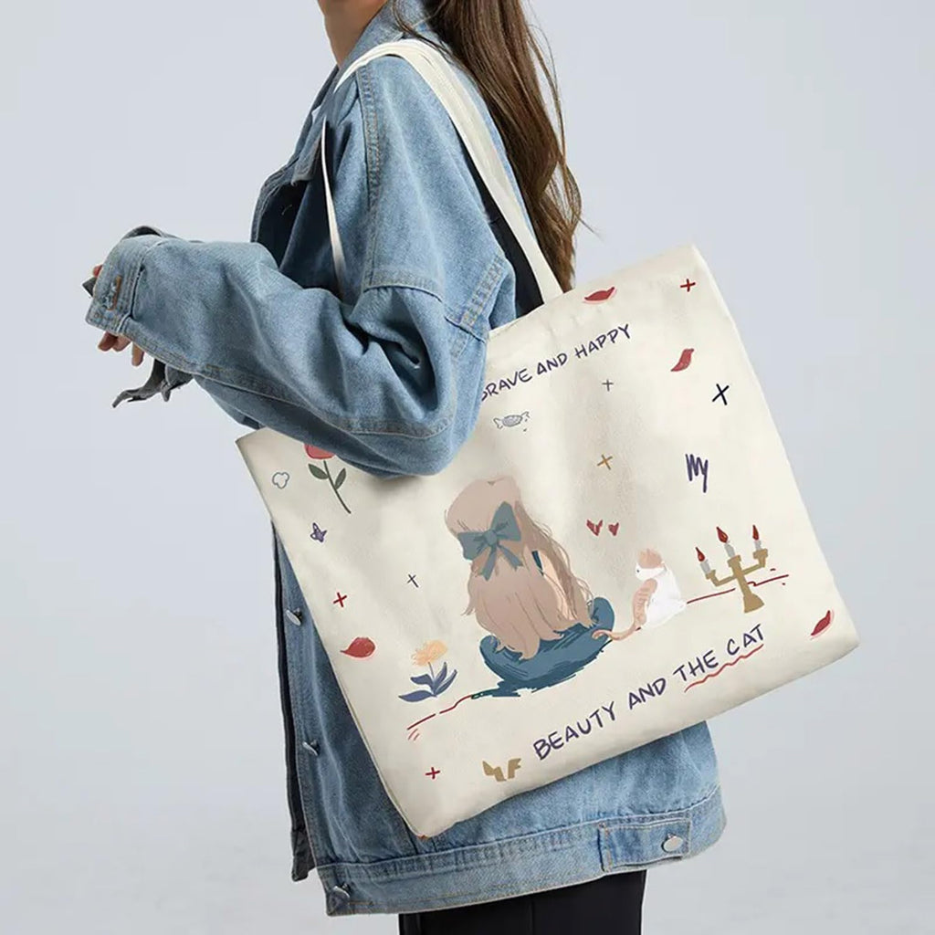KeepCart Women Reusable Shopping/Grocery Classic Tote Bag With Pocket Shoulder Canvas Handbag Travel Bag Multi-Purpose, White