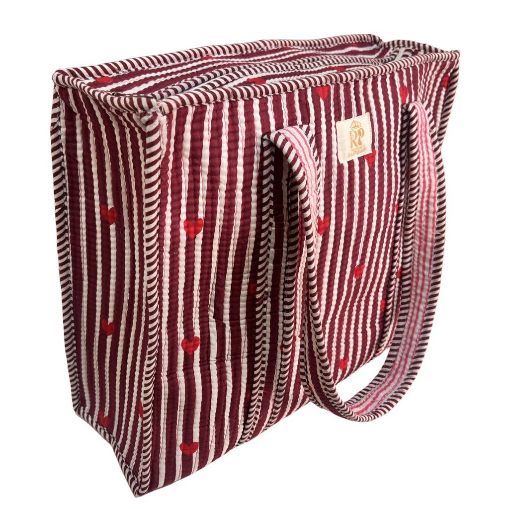 The House of RajPadmini Floral Quilted Cotton Shopping Tote Bag, 16x16 inches, Striped Trim, External Bottle Pocket (Heart Red (250 GSM Cotton))
