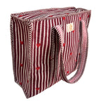 The House of RajPadmini Floral Quilted Cotton Shopping Tote Bag, 16x16 inches, Striped Trim, External Bottle Pocket (Heart Red (250 GSM Cotton))