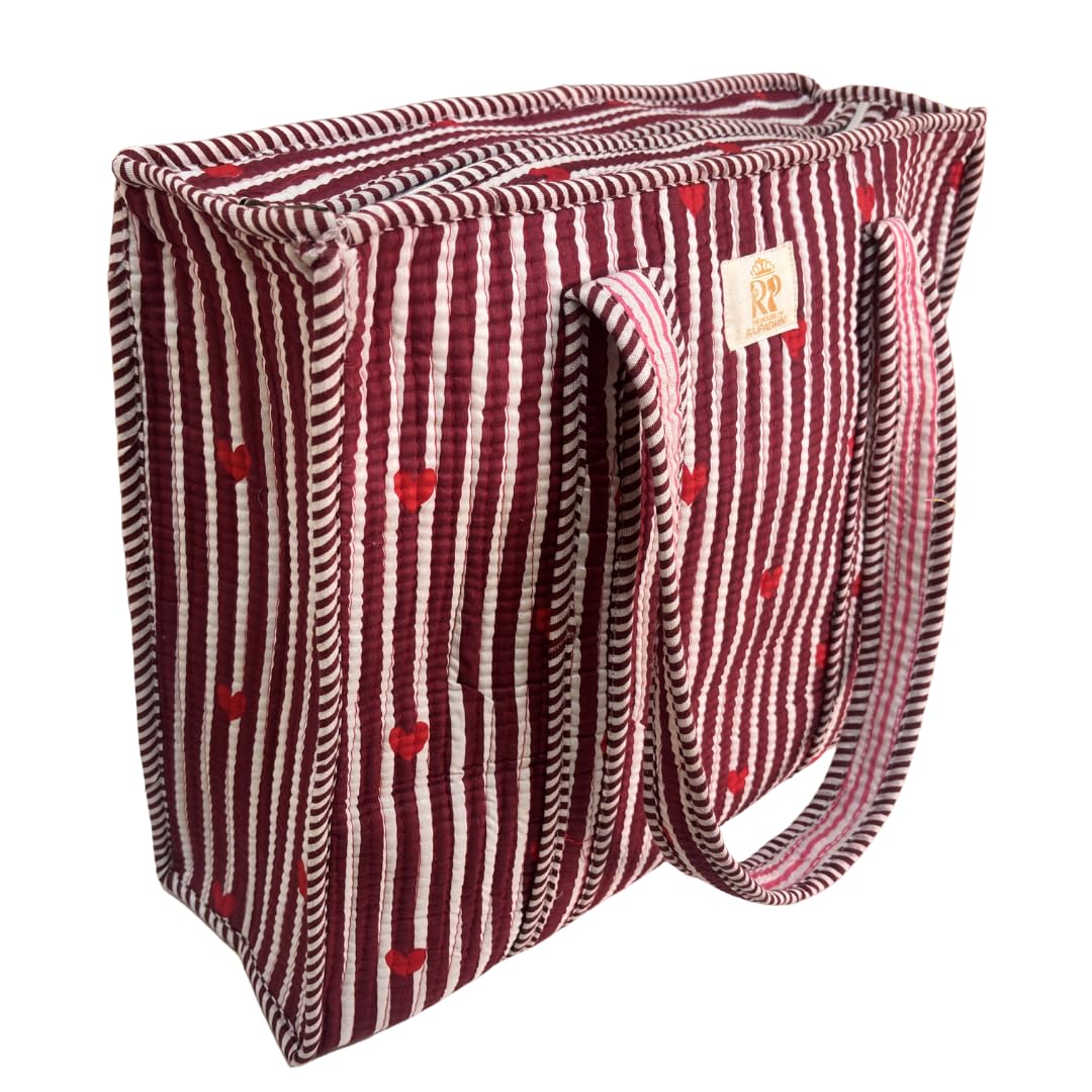 The House of RajPadmini Floral Quilted Cotton Shopping Tote Bag, 16x16 inches, Striped Trim, External Bottle Pocket (Heart Red (250 GSM Cotton))
