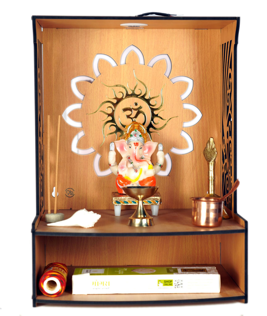 9br® Laabh Beautiful Wooden Pooja Stand for Home Pooja Mandir for Home Temple for Home and Office Puja Mandir for Home Wall Mounted with LED Spot Light Size (H- 15.5, L- 11.5, W-11 in)