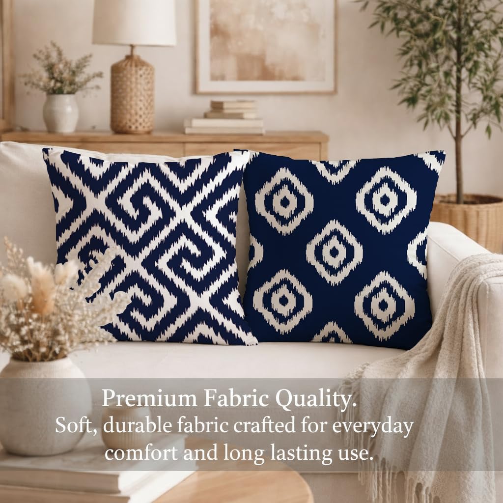 STITCHNEST Set of 2 Polycotton Cushion Covers – 24x24 Inches – Blue & White Ikat Geometric Print – Elegant Cushion Covers for Sofa & Living Room | Perfect for Home Decor