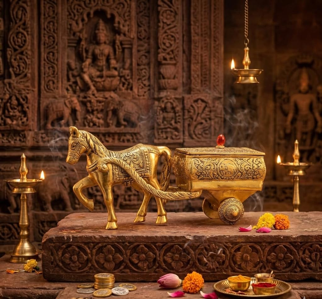 KridayKraft Horse Cart Aluminium Statue Gold Plated Horse Cart Murti Showpiece Religious Figurines Gift Article for Home and Office Table and Car Dashboard Decor (Golden)