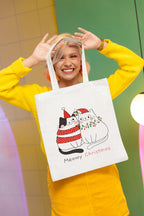 Happu-White Cotton Canvas Tote Bag with Zip | Happy Christmas Festive Print | Reusable, Washable & Eco-Friendly Multi-Purpose Tote for Women & Girls HPK-3441