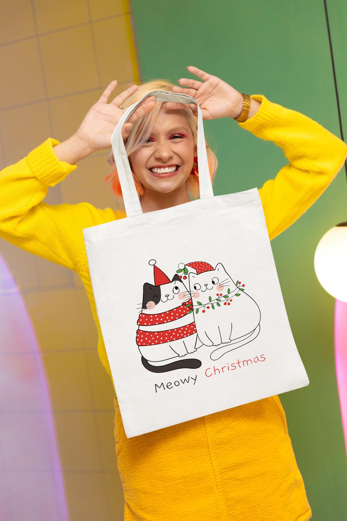 Happu-White Cotton Canvas Tote Bag with Zip | Happy Christmas Festive Print | Reusable, Washable & Eco-Friendly Multi-Purpose Tote for Women & Girls HPK-3441