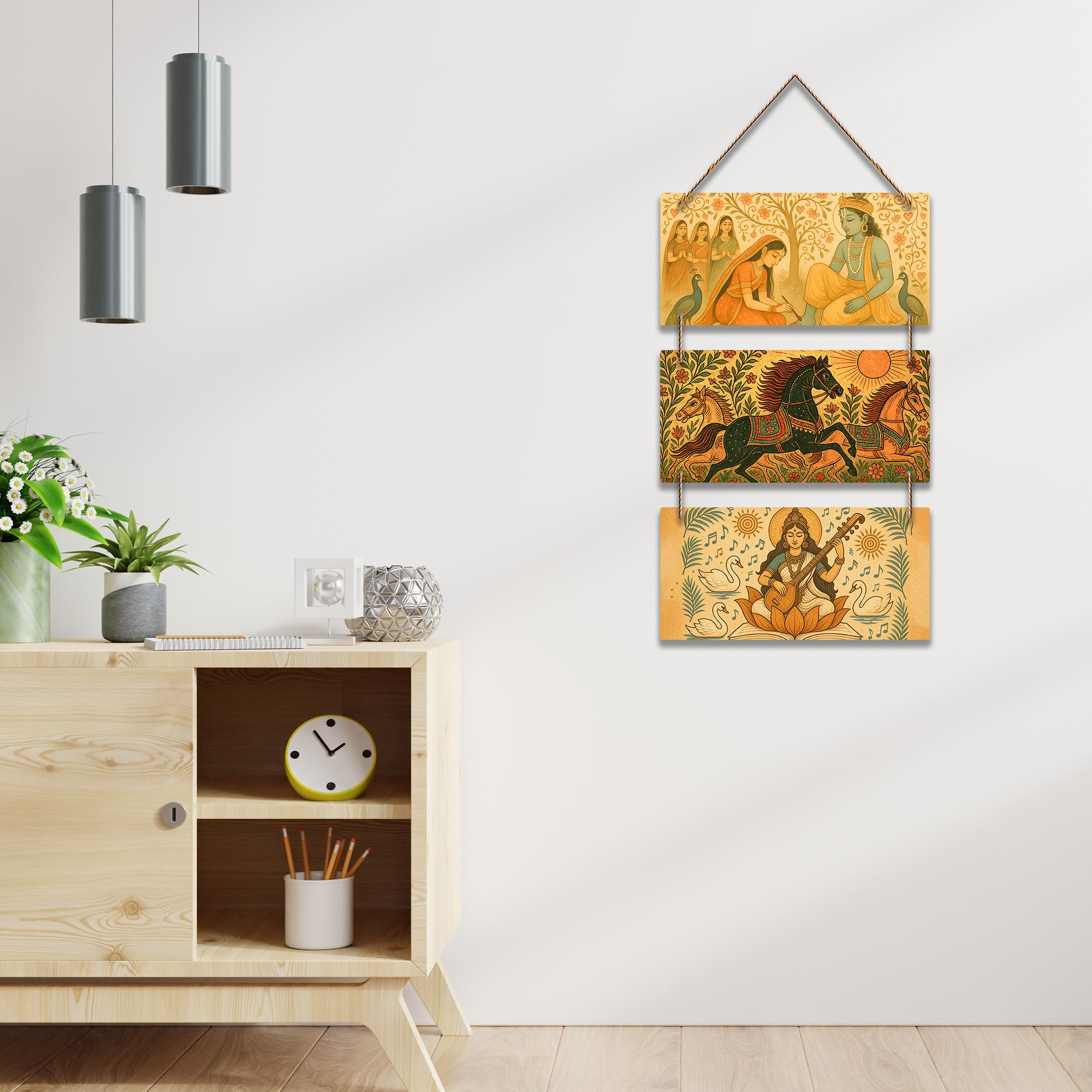Artvibes Depicts Radha Krishna & Saraswati Wall Hanging Home Decorative Wall Art for Living room | Spiritual Decor Items | Wall Poster | Artwork| Stylish Modern Decor Item | Gift Items (WH_9437N)