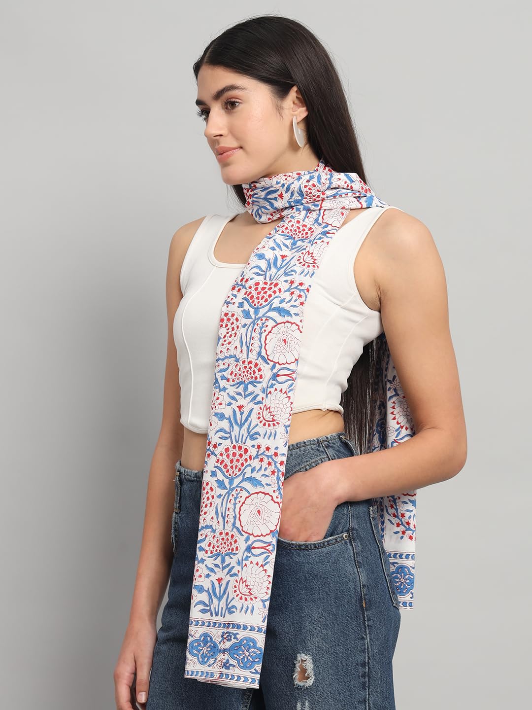 Ravaiyaa - Attitude is everything Female Cotton Women White & Red Hand Block Floral Printed Scarf 71 X 21 Inch