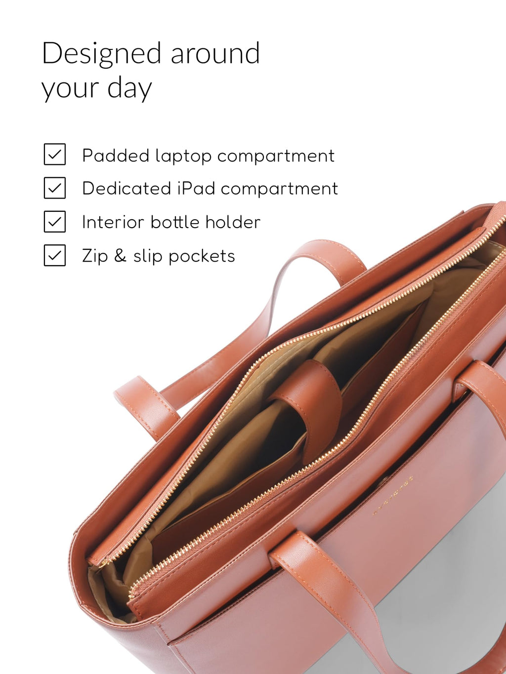 Everpret Premium Work Tote Bag for Women with 16-Inch Laptop Compartment | Vegan Leather Office Travel Handbag with Trolley Sleeve, Water Bottle Pocket & Organized Compartments | Tan