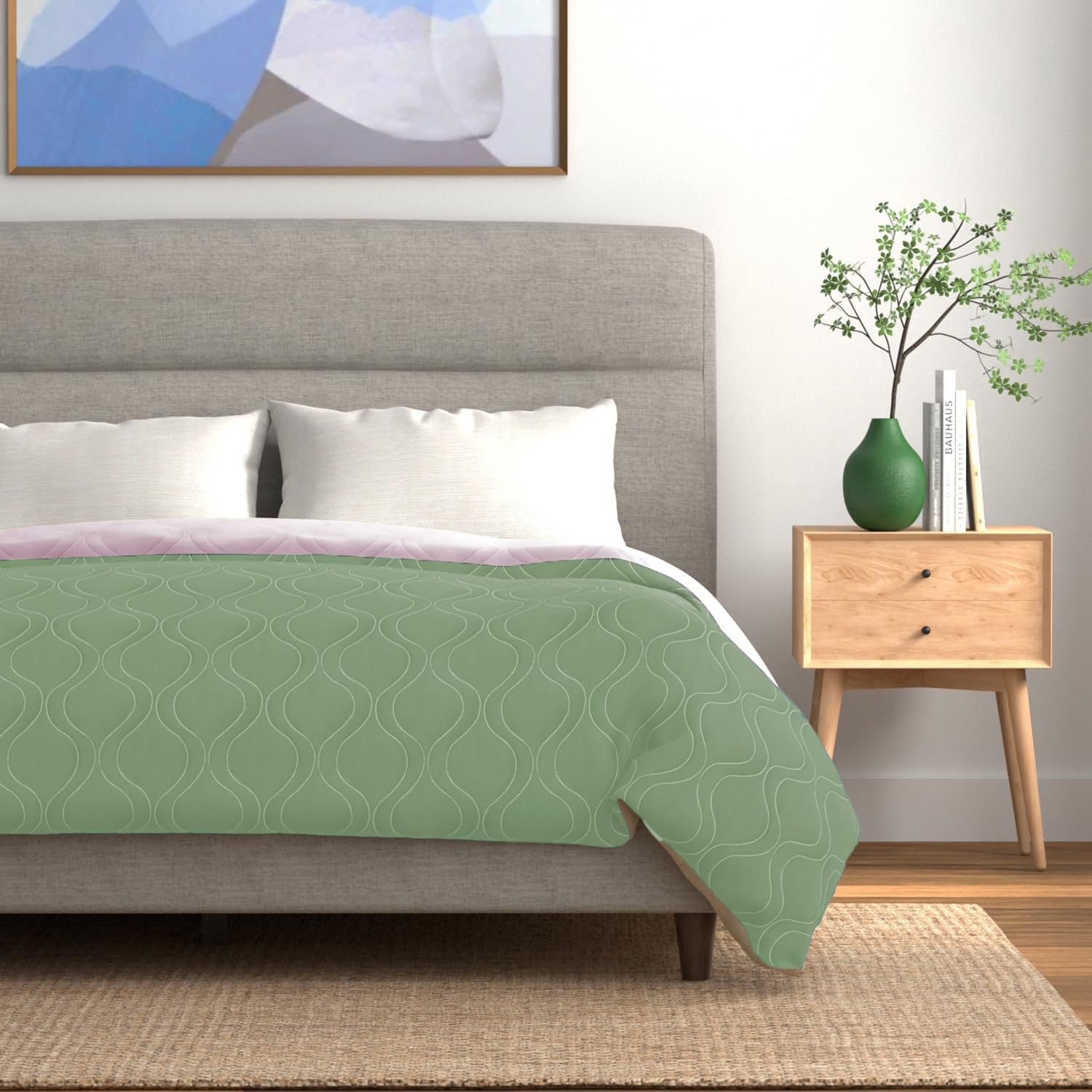 Urban Space Microfibre Reversible All Season Single Bed Blanket for Summer, 3 Layer Solid Quilted Dohar, Reversible Single Bed Dohar/Blanket/Quilt (Sage Green & Blush, 225 x 145 CM) Kafalo
