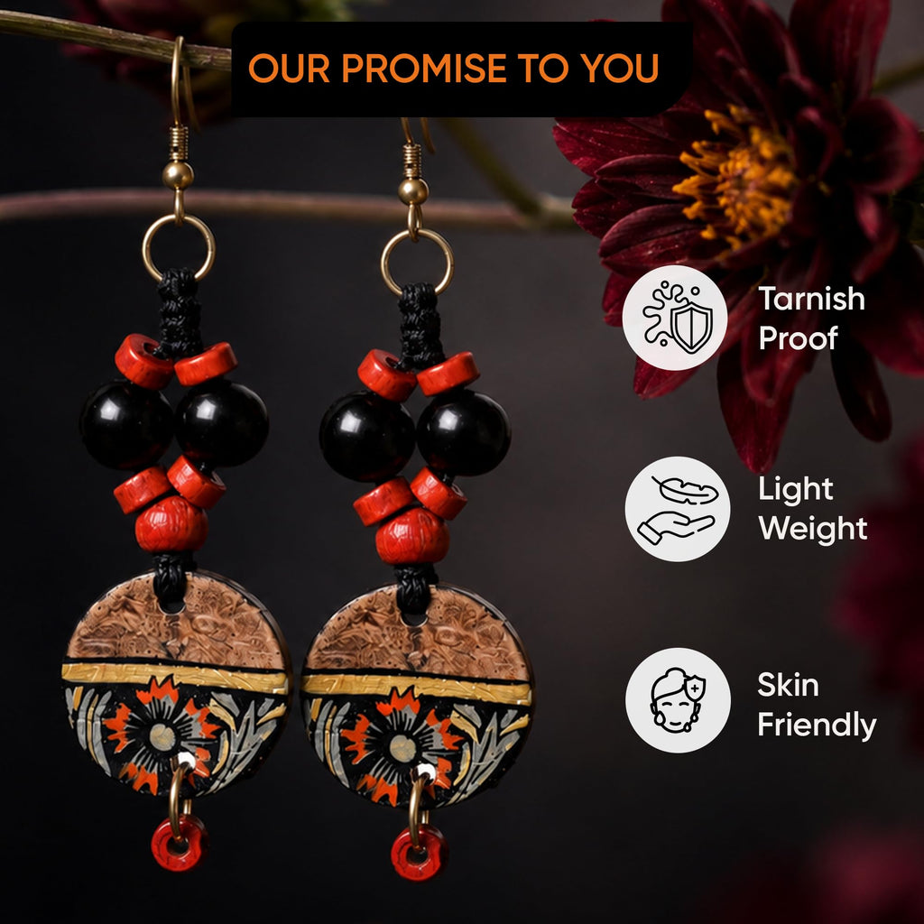 Aakriti Art Creations’ Whimsical Wonderland Earrings | Multi Glass Beads & Wood Earrings, Small & Compact | Lightweight Glossy Finish Earrings Set for Women | Handmade Floral Design