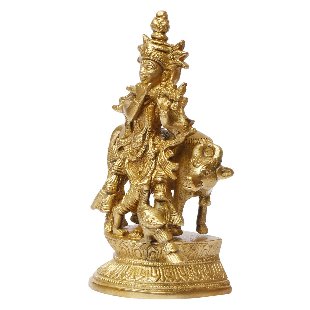 ARTVARKO™ Brass Krishna with Cow Murti Idol in Flute Playing Posture on Beautiful Pedestal Home Decor Entrance Statue Office Table 5.5 Inch.