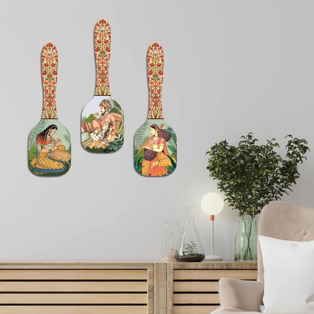 Artvibes Royal Mural Art Spatula Shape Decor Wall Hanging | Mughal Art Decor Items | Wall Accent | Gift Items | Aesthetic Wooden Decor | Ethnic Wall Decor | Art Print(WH_11002N), Set of 3