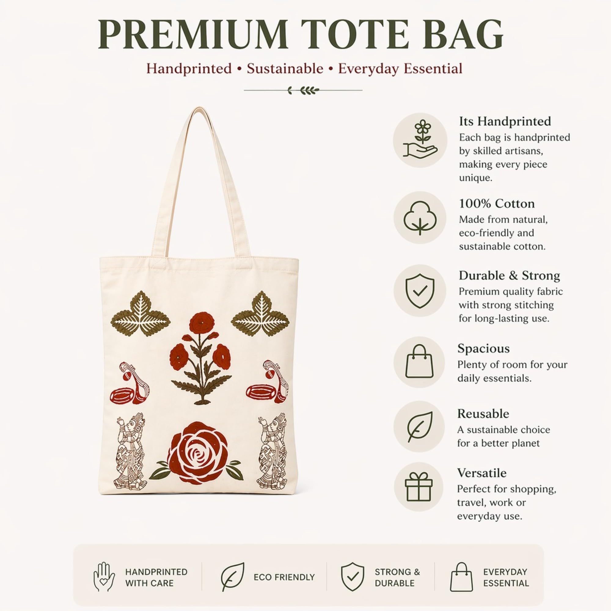 Neelkanth Imprint Hand Printed Floral Cotton Tote Bag, Eco Friendly Canvas Shoulder Handbag for Shopping, Office & Daily Use