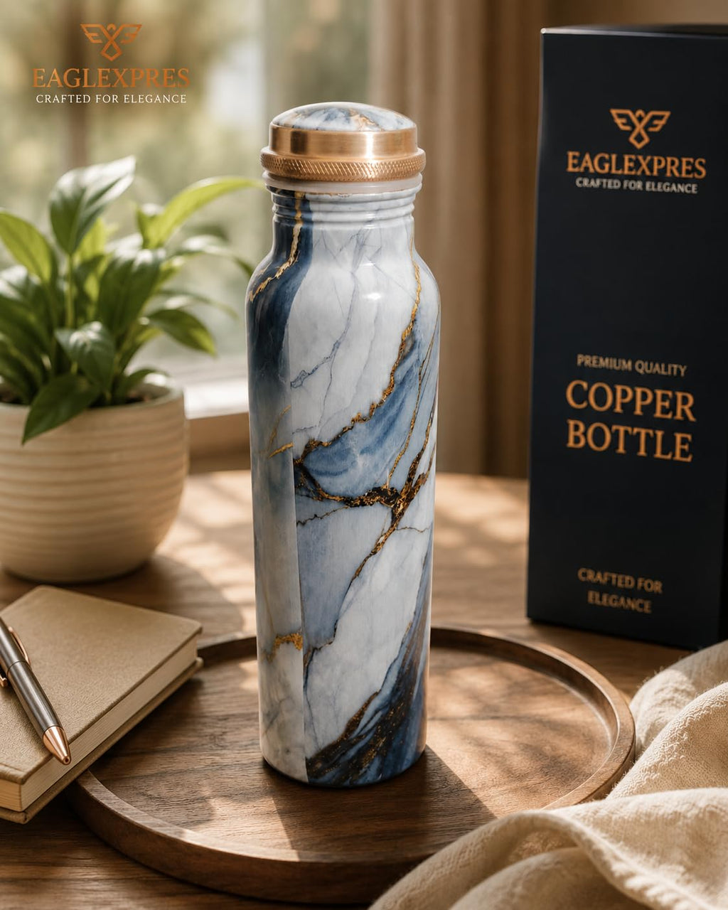 EAGLEXPRES Premium Copper Water Bottle 1 Litre Designer Marble Print Pure Copper Bottle Leakproof Ayurvedic Drinking Water Bottle for Home Office Gym Travel Gift for Men & Women