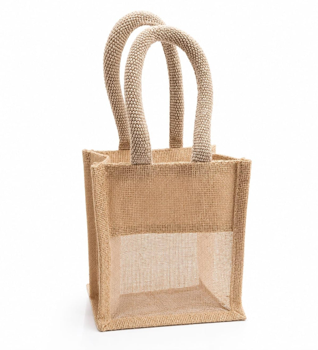 Small Jute Tote Bag with Mesh Window Panel, Natural Beige, Rope Handles, Gift Bag (Cream) Size -10 * 8 * 5