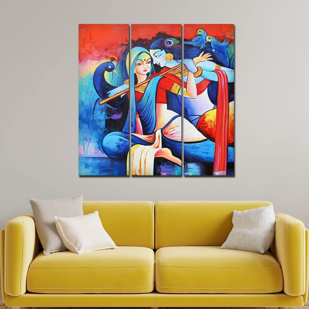 VIBECRAFTS 3 Pieces Radha Krishna Playing Flute Canvas Wall Painting Fitted With Wooden Frame For Home | Office | Living Room | Gifts (PTVC3Pcs1_9543)