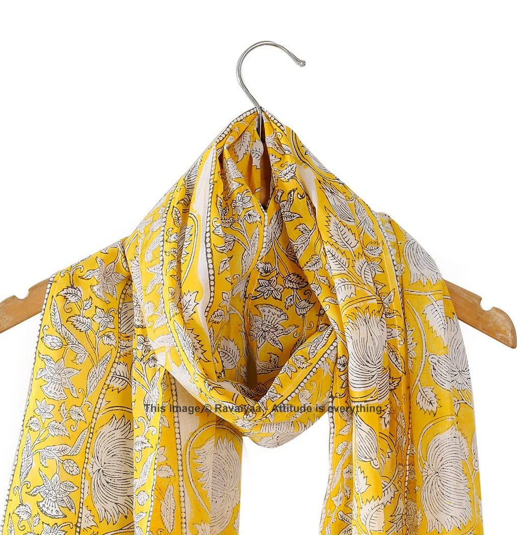 Ravaiyaa - Attitude is everything Hand Block Printed Cotton Long Stole Scarves Hijab Neck Wrap Female Scarf 71 X 21 Inch (Yellow Lotus Floral)