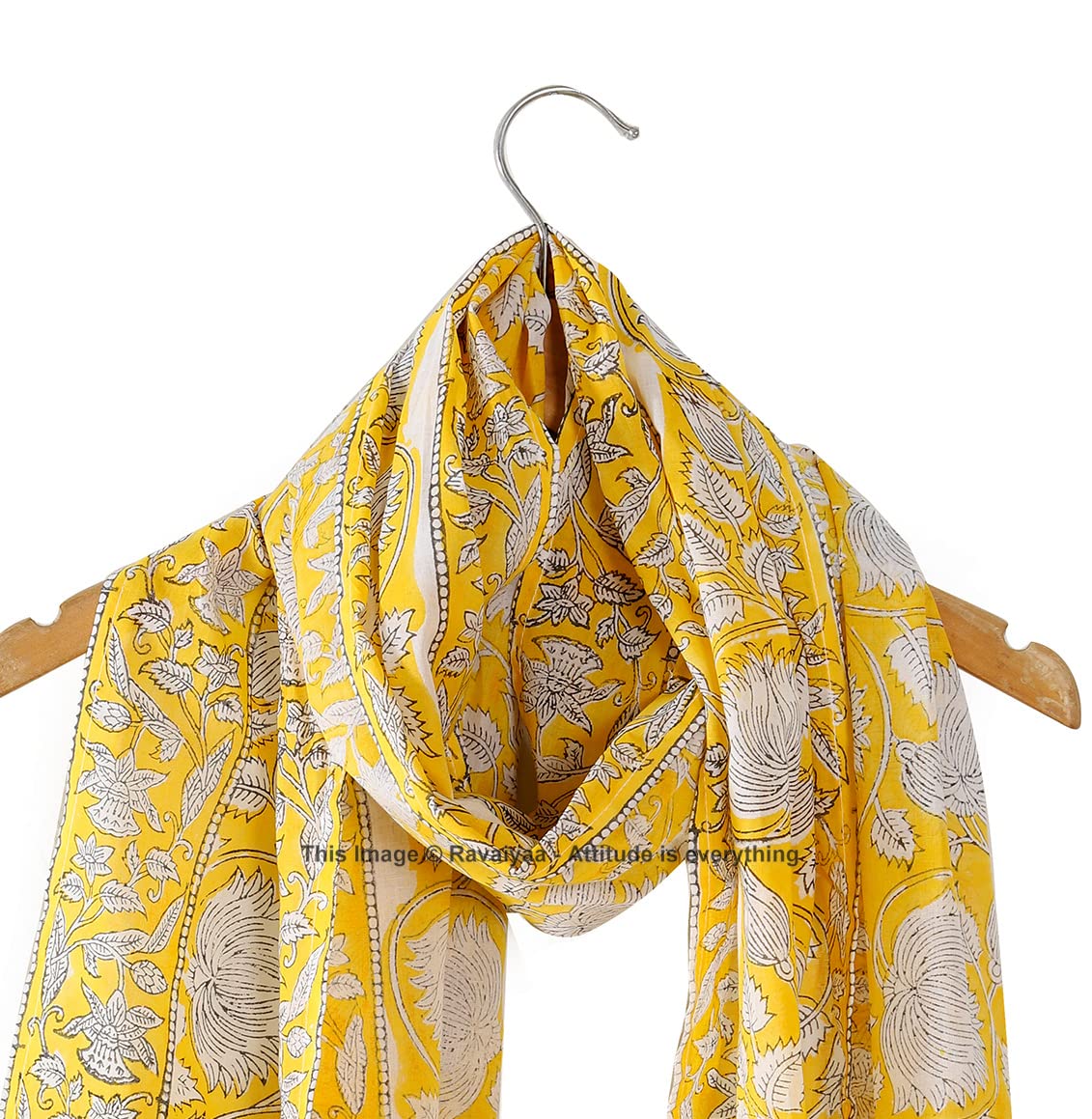 Ravaiyaa - Attitude is everything Hand Block Printed Cotton Long Stole Scarves Hijab Neck Wrap Female Scarf 71 X 21 Inch (Yellow Lotus Floral)