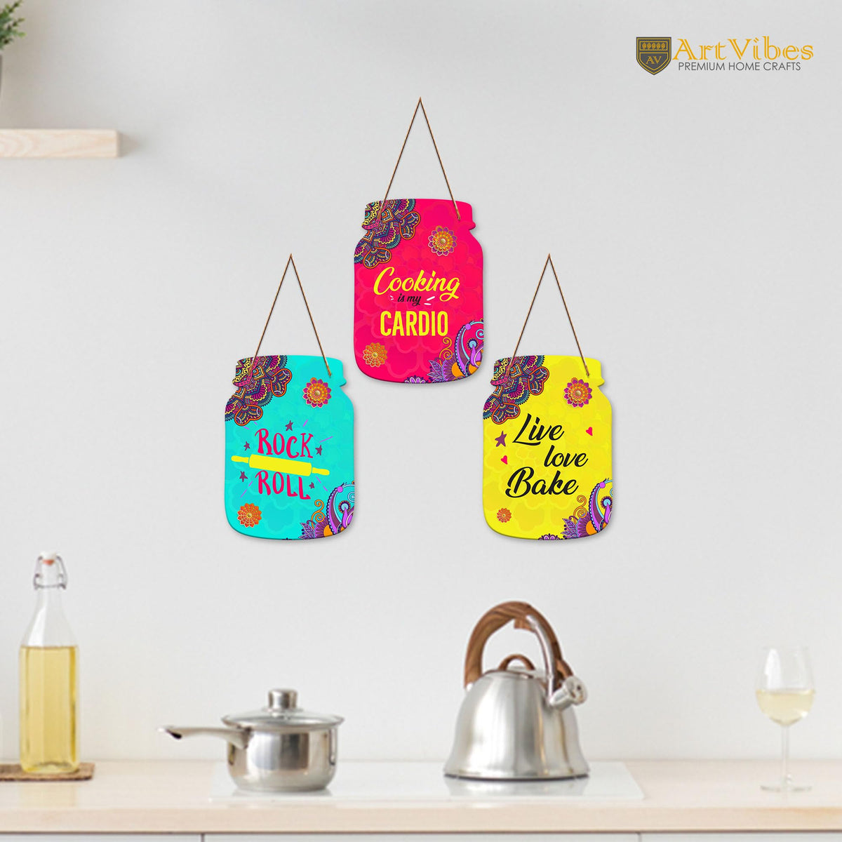 Artvibes Live Love Bake Quote Kitchen Wall Decoration Items for Kitchen | Cafe | Restaurant | Quotes Decor Item | Printed Wall Decoration | Kitchen Quotes Decor Item | Wall Poster (WH_8914N), Set of 3