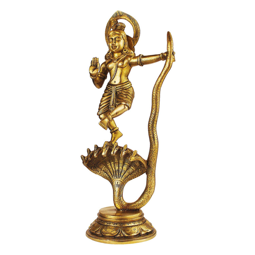 ARTVARKO Brass Dancing Krishna on Kaliya Naag Sheshnag Idol Krishan Decorative Showpiece Figurine for Pooja Room & Gift