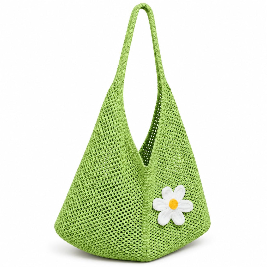 Kawn Crochet Mesh Beach Tote Bag for Women with Flower Brooch | Cotton Linen Knitted Shoulder Bag | Lightweight Boho Summer Handbag for Travel, Shopping & Vacation - (Green)