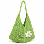 Kawn Crochet Mesh Beach Tote Bag for Women with Flower Brooch | Cotton Linen Knitted Shoulder Bag | Lightweight Boho Summer Handbag for Travel, Shopping & Vacation - (Green)