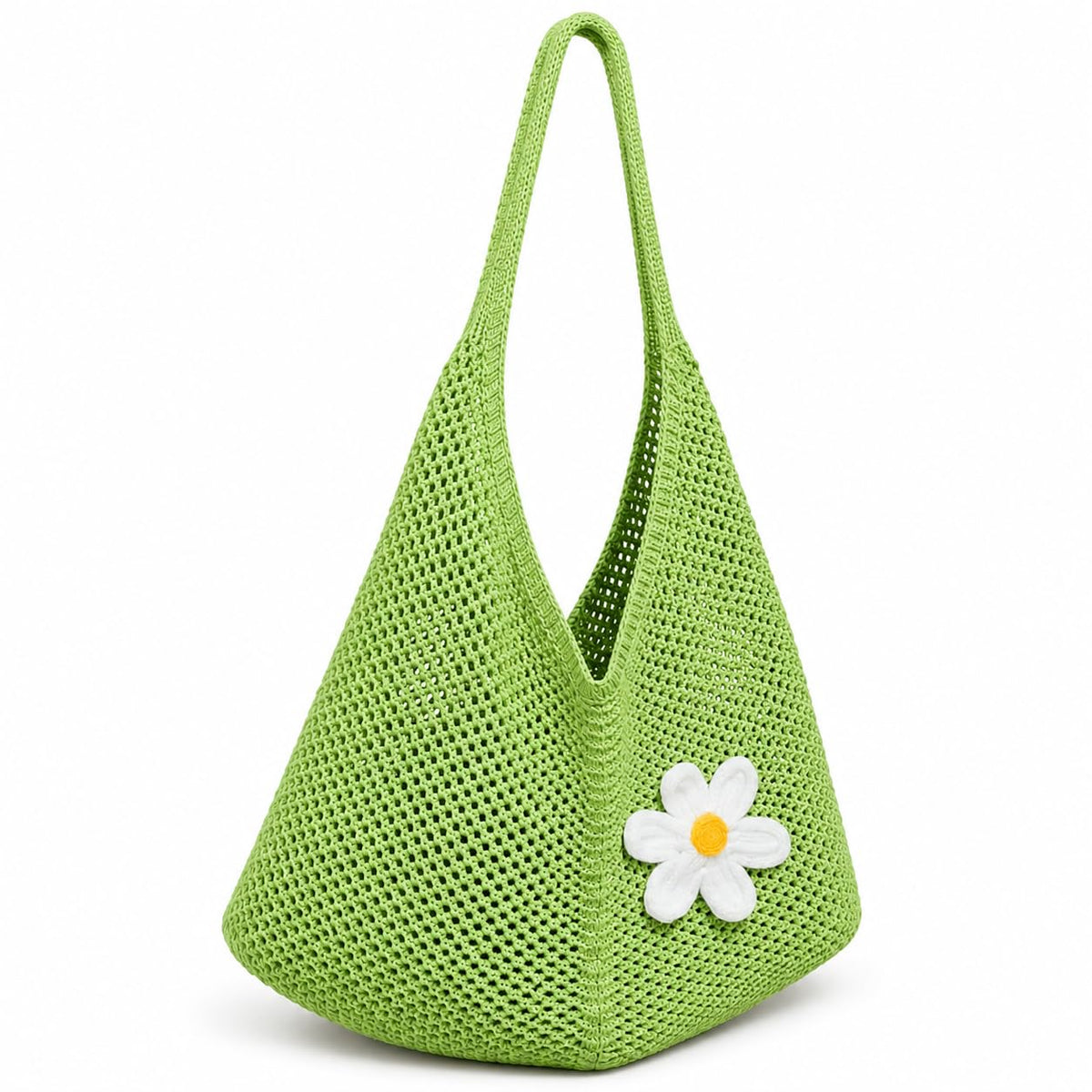 Kawn Crochet Mesh Beach Tote Bag for Women with Flower Brooch | Cotton Linen Knitted Shoulder Bag | Lightweight Boho Summer Handbag for Travel, Shopping & Vacation - (Green)