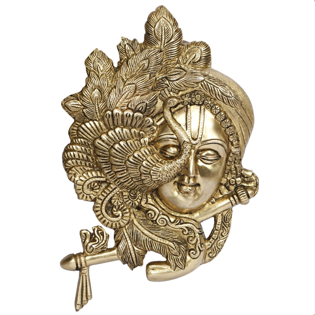 ARTVARKO Brass Lord Krishna Playing Flute Wall Hanging Peacock Idol Murti Sculpture Home Decor for Living Room Pooja Gift Item Height 33 cm