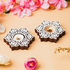 eCraftIndia Set of 2 White Brown Wooden Floral Printing Block Decorative Tea Light Candle Holders, Diya Stands | Tea Light Holders | Christmas Diwali Decoration Items for Home Decor