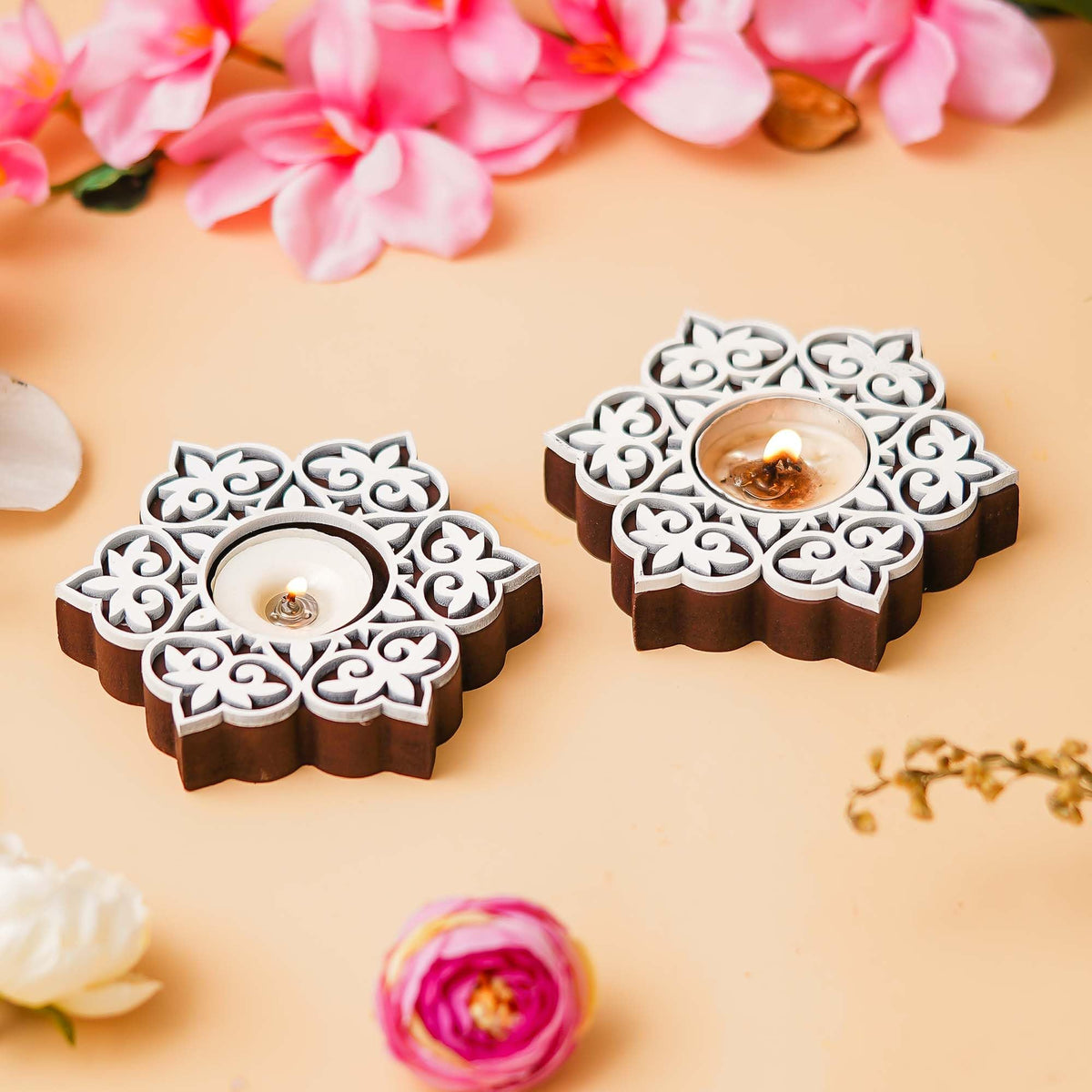 eCraftIndia Set of 2 White Brown Wooden Floral Printing Block Decorative Tea Light Candle Holders, Diya Stands | Tea Light Holders | Christmas Diwali Decoration Items for Home Decor