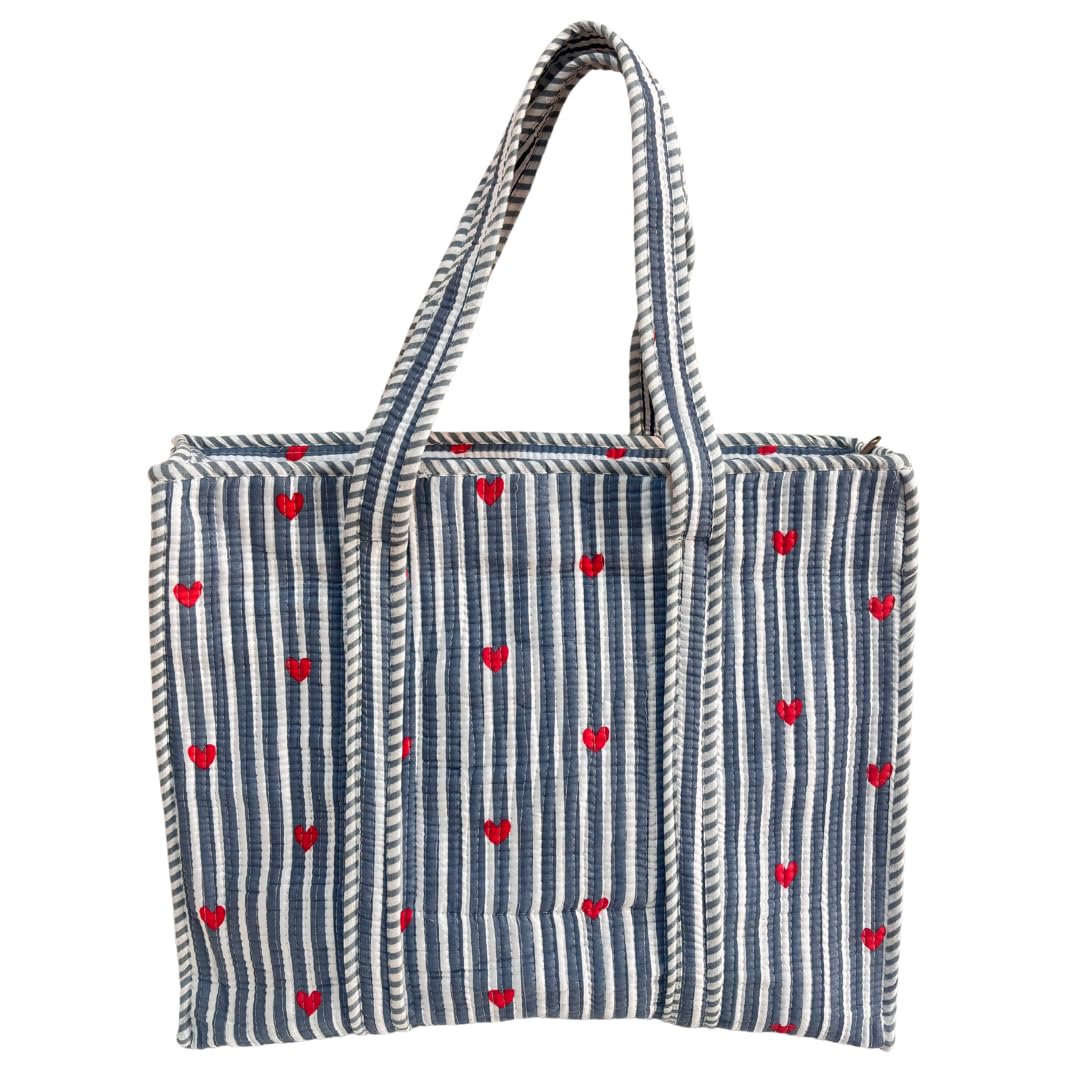 Bazaar Bhoot Edition Premium Cotton Quilted Shopping Tote Bag - Multipurpose Long Lasting Foldable Reusable Bag with zipper for Shopping, Travel & Daily Use - Made in India (Heart Gray)