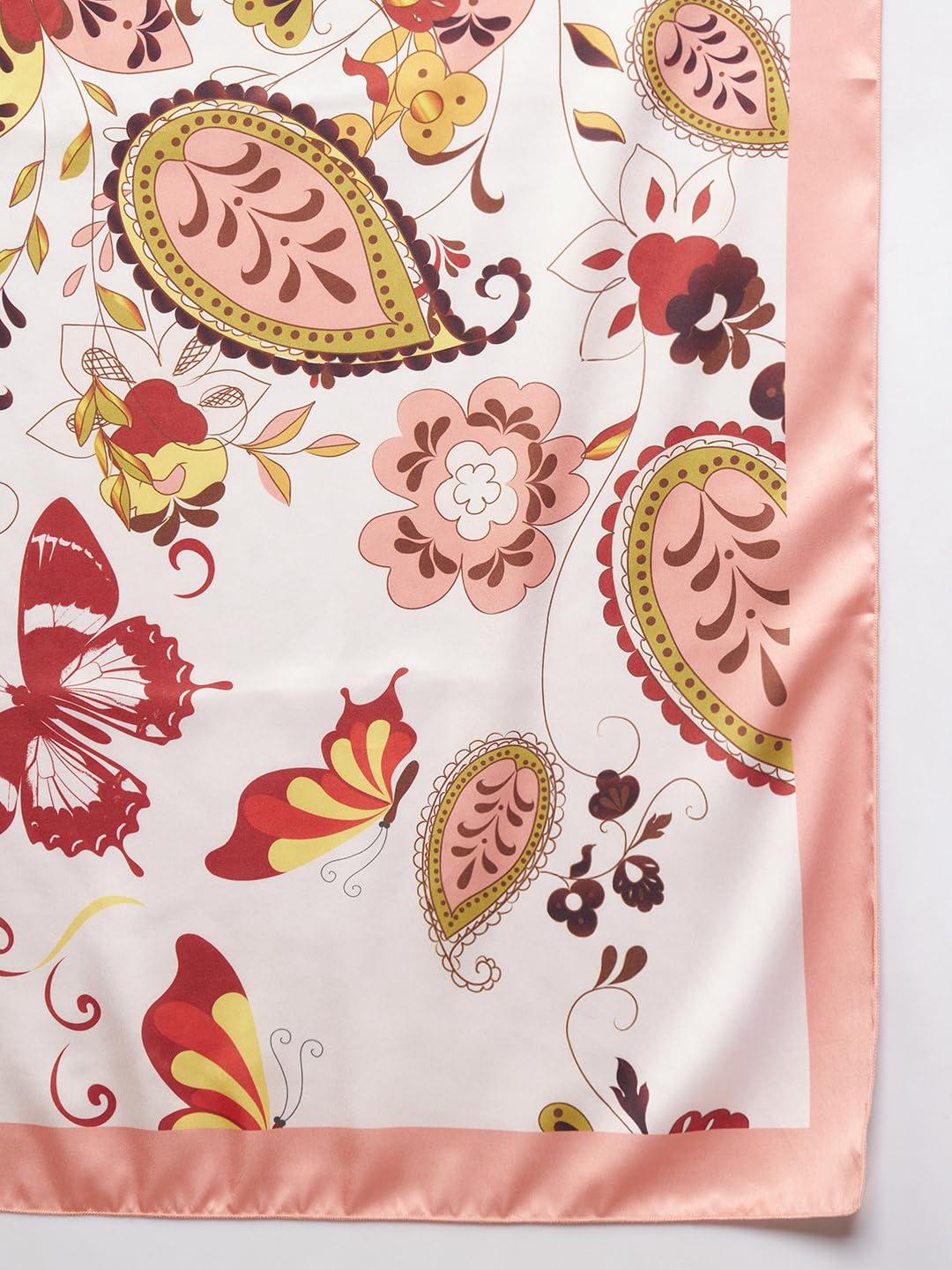 Ravaiyaa - Attitude is everything Women Silk Digital Print Large Square Scarf Breathable Lightweight Neckerchief Printed Headscarf 40 x 40 Inch (Off White Butterfly & Paisley)