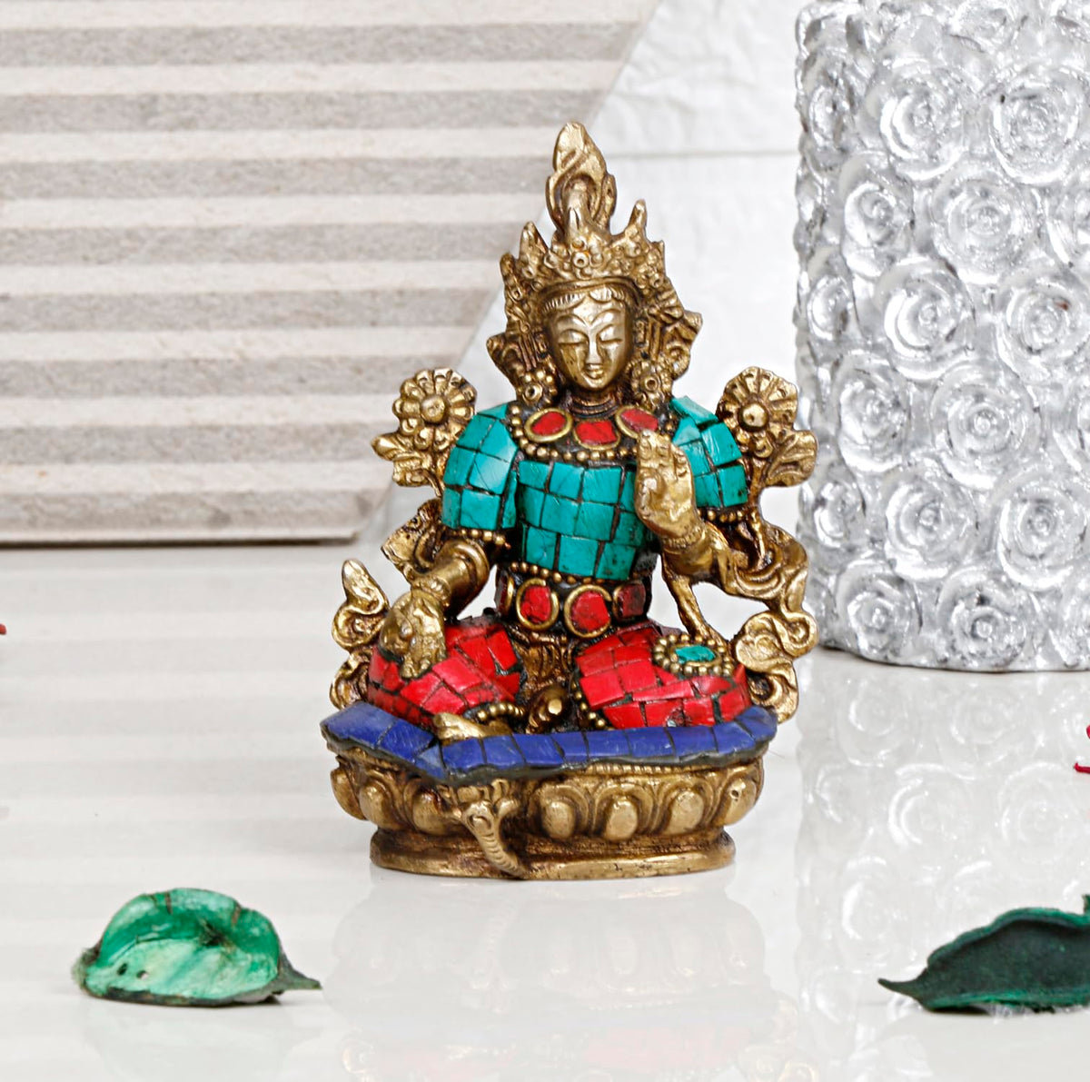 ARTVARKO Tara Devi Statue Brass Tibetan Goddess Religious Green Tara Statue for Health Happiness Wealth Idol Home Decor Sculpture 3.5 Inches