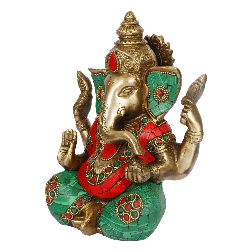 ARTVARKO Ganesha Statue Idol Brass with Turquoise Taj Ganesh Idol Sculpture for Home Pooja Entrace Décor Good Luck Vastu Marriage Gift 7.5 Inch