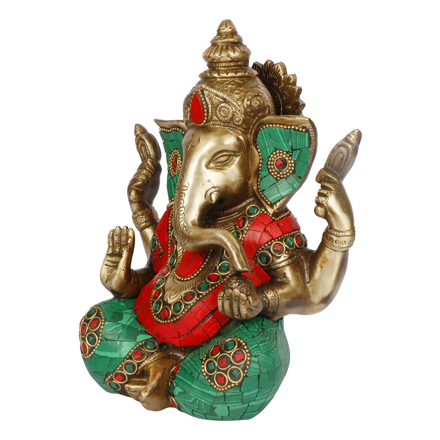 ARTVARKO Ganesha Statue Idol Brass with Turquoise Taj Ganesh Idol Sculpture for Home Pooja Entrace Décor Good Luck Vastu Marriage Gift 7.5 Inch