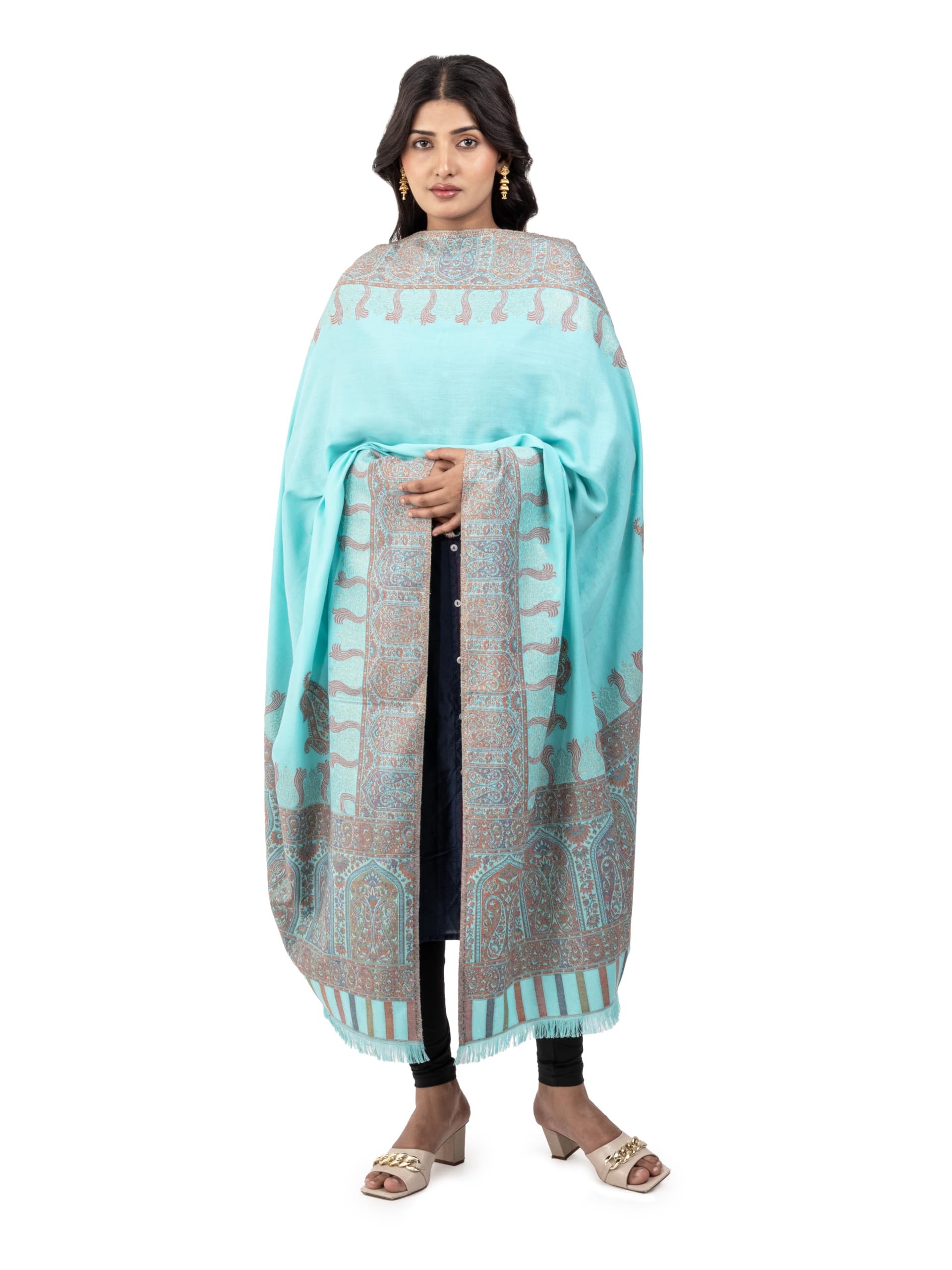 Naureen Women Faux Pashmina Kani Zari Shawl, Warm and Soft, 40x80 inch
