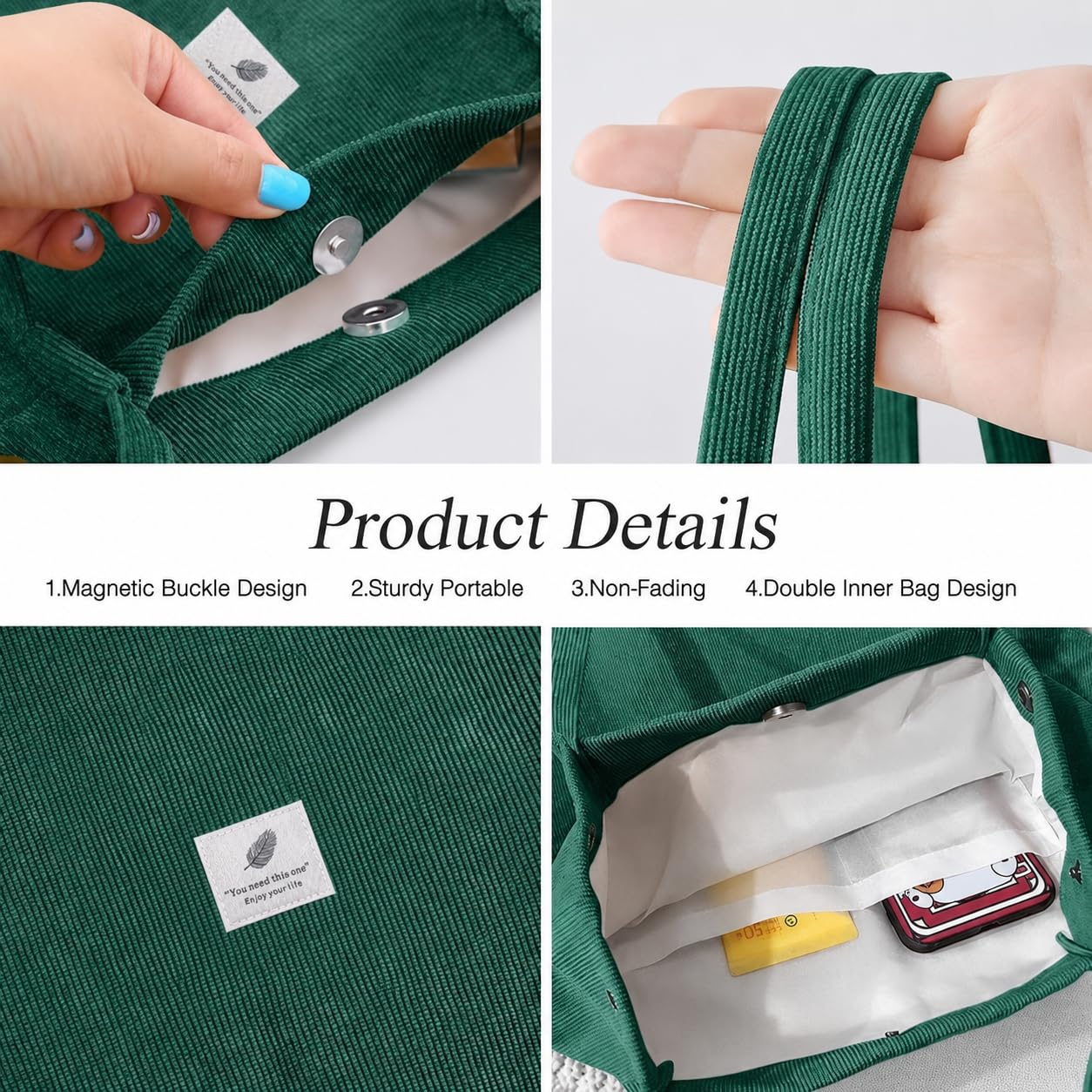 Kawn Women Corduroy Western Tote Bag Canvas Shoulder Cord Purse Reusable Shopping Bag Grocery Bag Large Capacity Washable Handbag Girls Shoulder Bag With Inner Pocket For Daily Use Work Travel (Green)