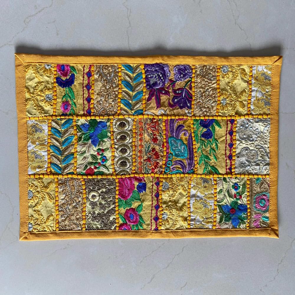 ATRANGI STUDIO Patchwork Table Mat | Traditional Rajasthani Khambadiya Placemat | Handmade Reusable Dining Table Mat for Home Decor | Colourful Dining Setup | 12x18 Inch, Yellow