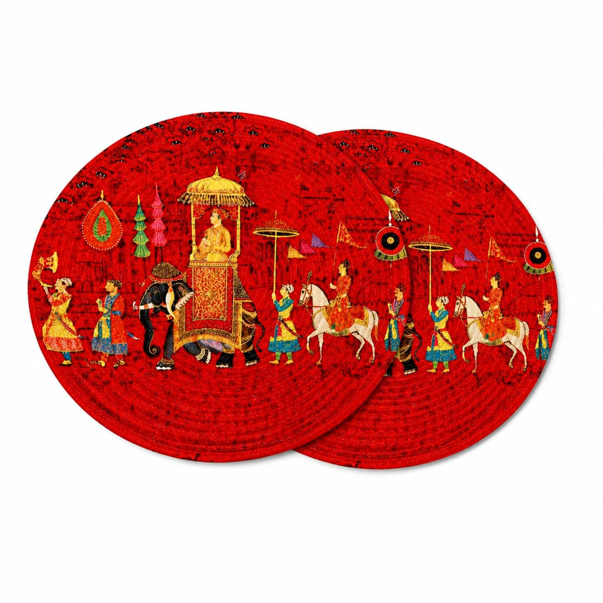 Premium Round Cotton Dining Table Mats Set of 2 | Washable Heat Resistant Food Mat | Circular Dining Table Hot Plate Mats & Coaster for Hot Utensil (14-inch, Printed Mandala/Multicolour) (2, Red) Kafalo