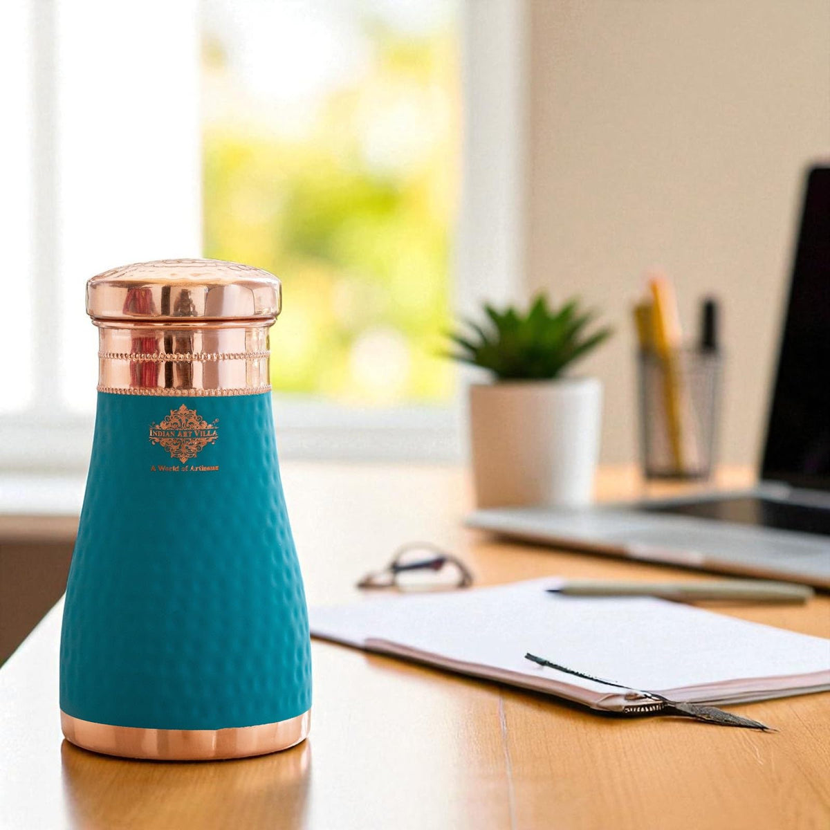 INDIAN ART VILLA Copper Hammered Sky Blue Silk Finish Bedroom Bottle with Inbuilt Glass, 600 ML, Health-Boosting Water Bottle, Ideal for Home, Office, Travel, and Gifting