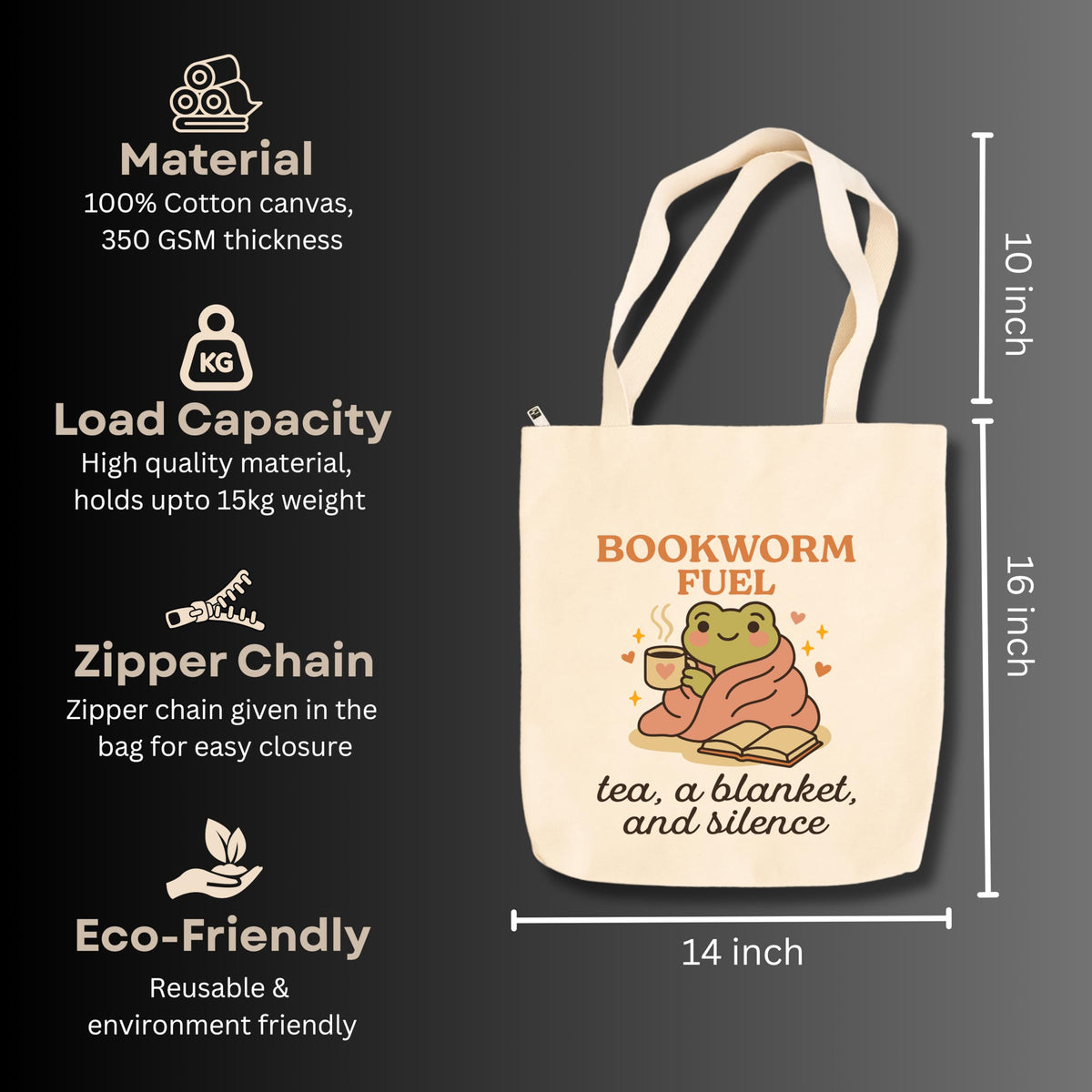 snapiq COTTON 350 GSM Canvas Tote Bag for Women and Girls Thick Fabric with Zipper (Beige, Bookwormfuel)