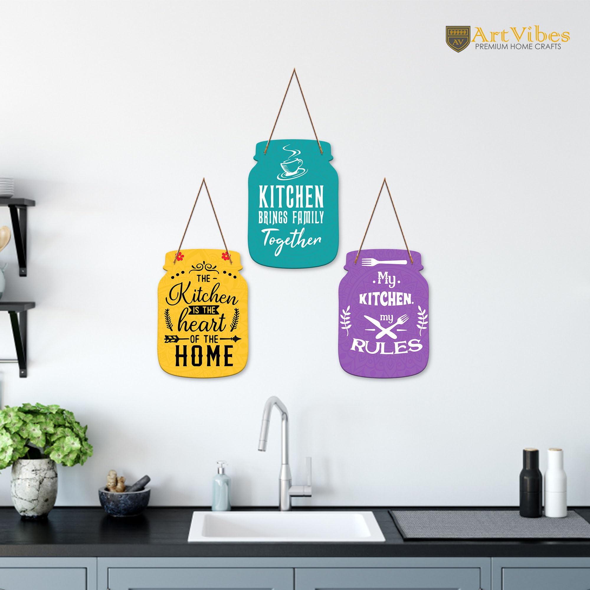 Artvibes Kitchen Brings Family Together Quote Decorative Wall Hanging Decoration item for Kitchen | Home Decor | Quotes Decor Item | Family Quotes Wall Art | Wall Poster | Gifts (WH_8902N), Set of 3