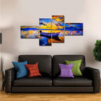 VIBECRAFTS Sunset And Boat On the Water 4 Pieces Canvas Wall Painting Fitted With Wooden Frame For Home | Office | Living Room | Gifts (PTVC4Pcs3_15503)