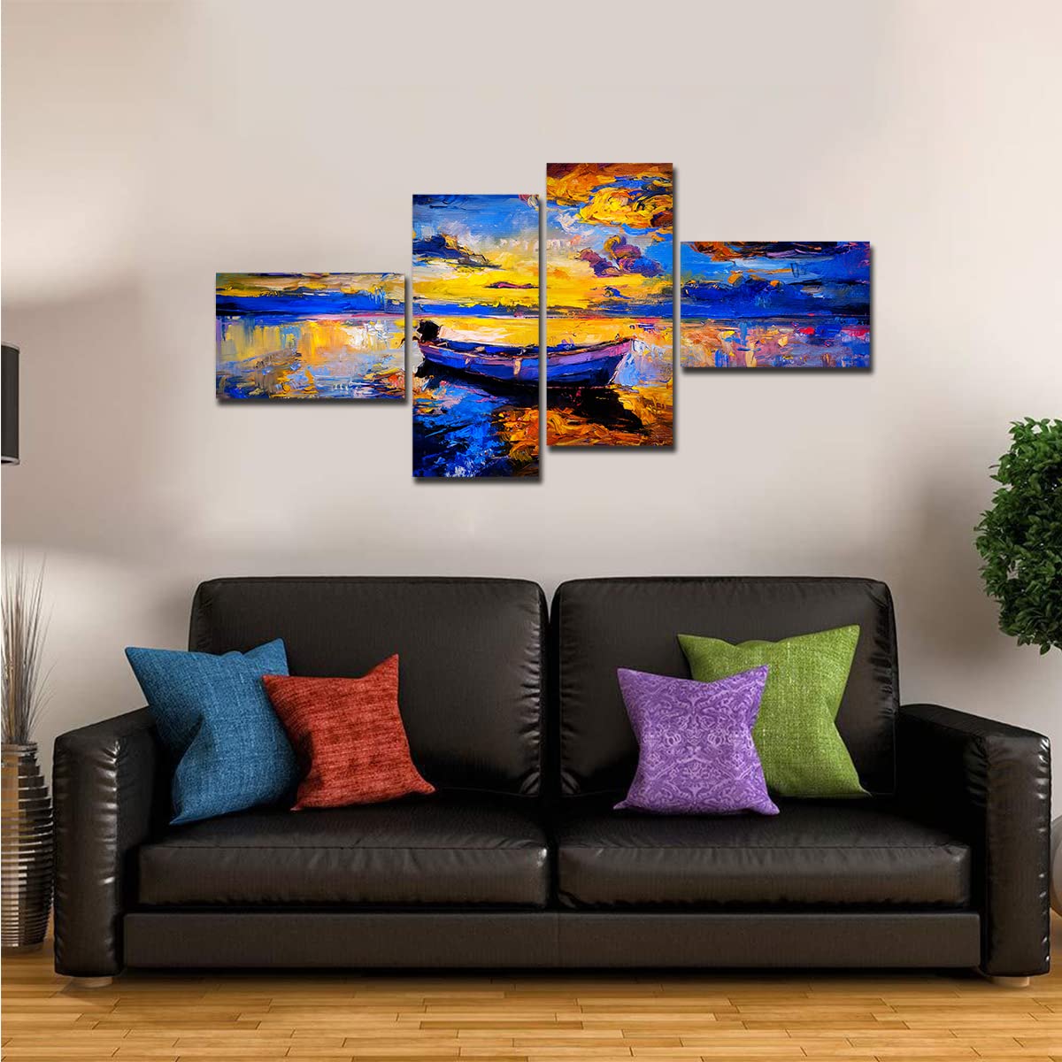 VIBECRAFTS Sunset And Boat On the Water 4 Pieces Canvas Wall Painting Fitted With Wooden Frame For Home | Office | Living Room | Gifts (PTVC4Pcs3_15503)