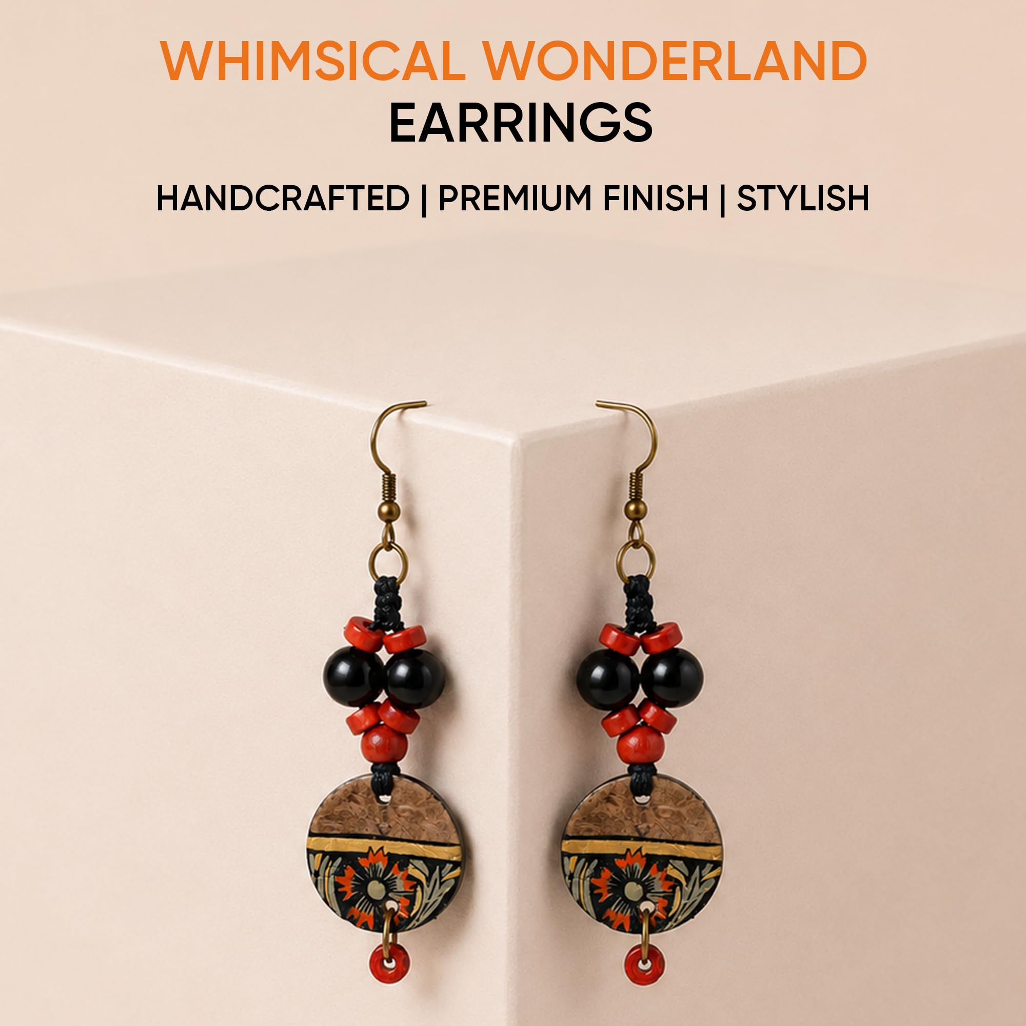 Aakriti Art Creations’ Whimsical Wonderland Earrings | Multi Glass Beads & Wood Earrings, Small & Compact | Lightweight Glossy Finish Earrings Set for Women | Handmade Floral Design