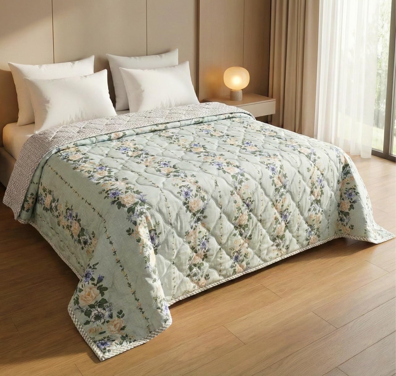 HOMEKART Ultrasonic Quilted AC Comforter 220 GSM (1500g) Premium Microfiber Reversible All-Season Blanket for Double Bed|Ultra Soft, & Lightweight, Quilt/Duvet | Comforter (Light Green, 225CMx220CM) Kafalo